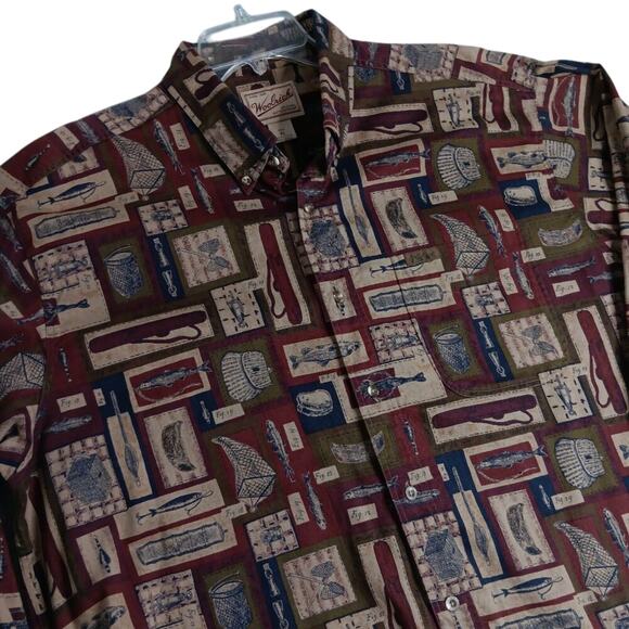 Woolrich Original Outdoor Vintage Shirt XL Red All Over Fish & Tackle Cotton - Picture 2 of 13